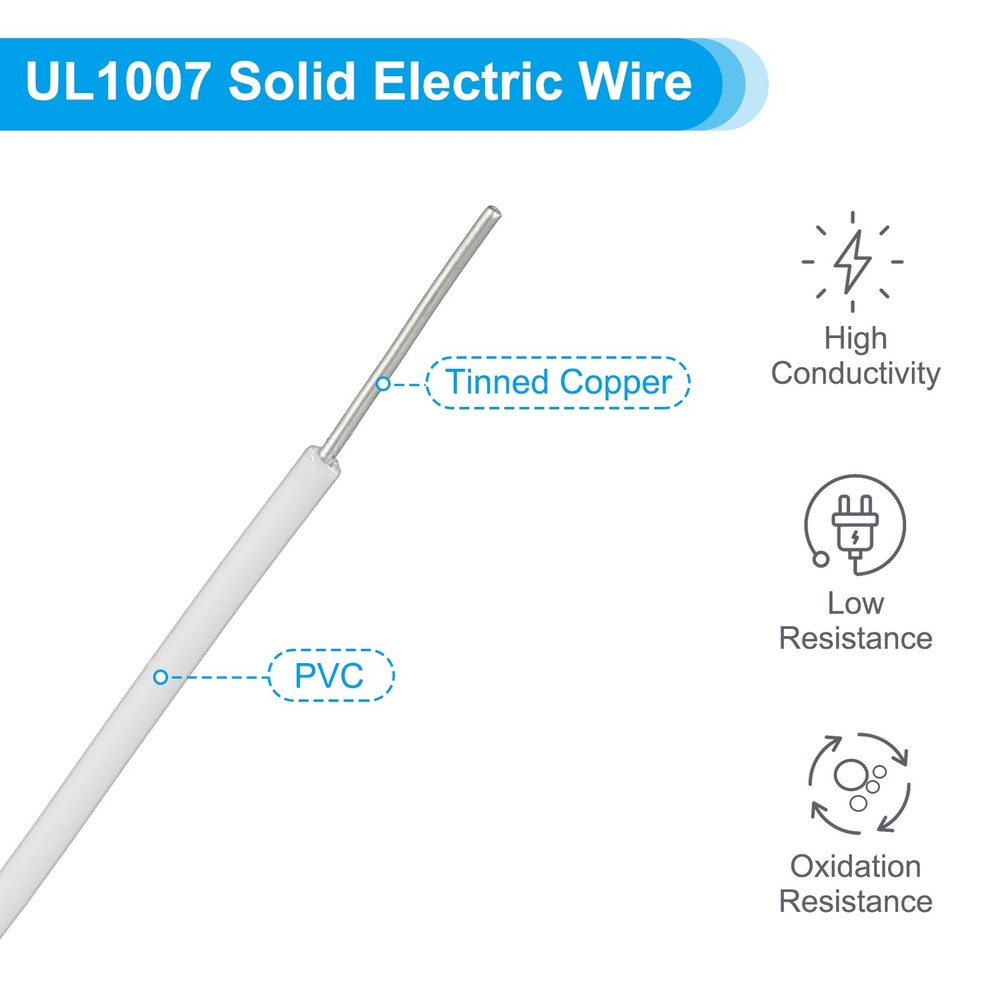 22AWG Solid Electric Wire, 49Ft Hook Up Tinned Copper Wire, White