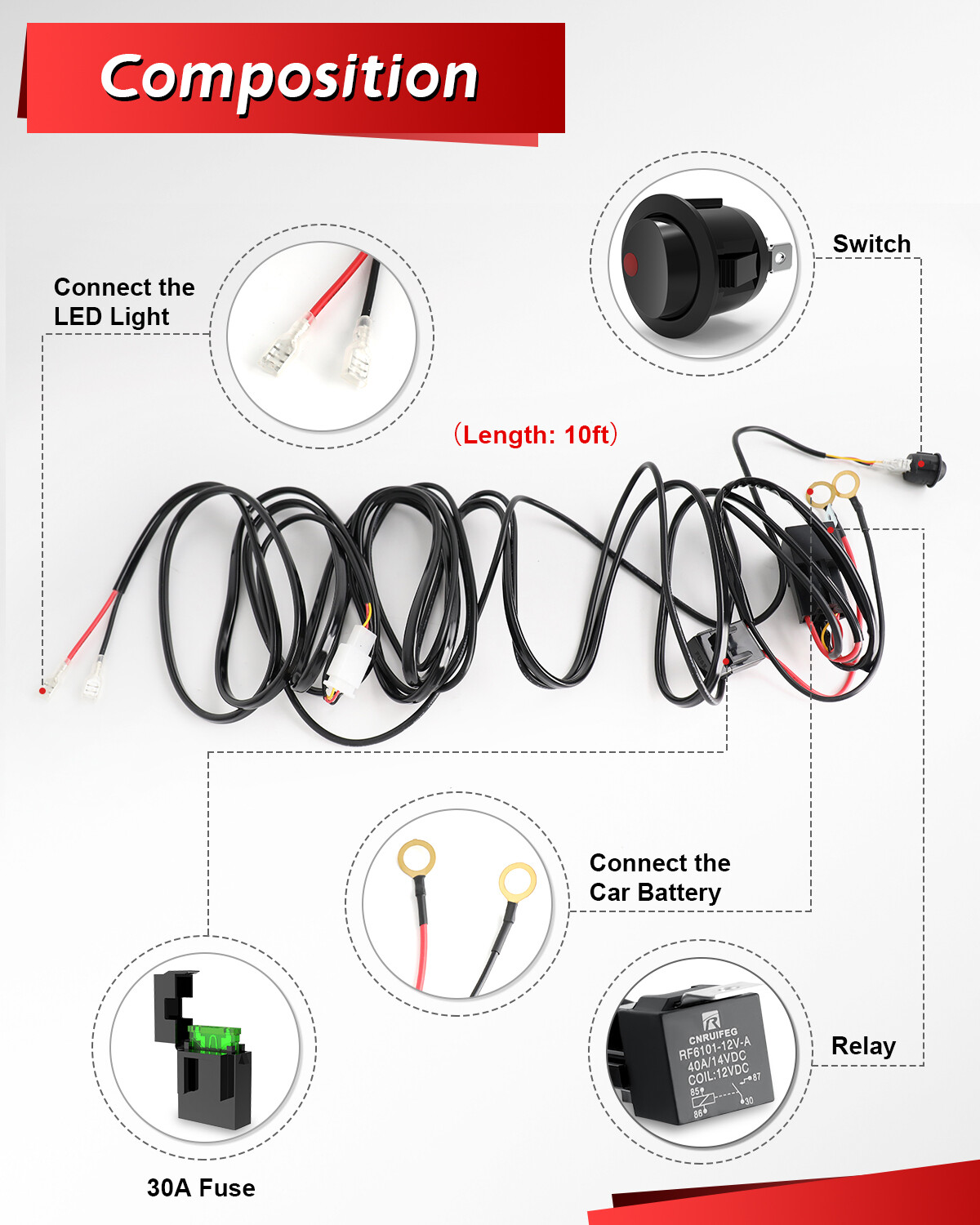12V 40A Wiring Harness Kit Fuse ON OFF Switch Relay For LED Fog Work Light Bar