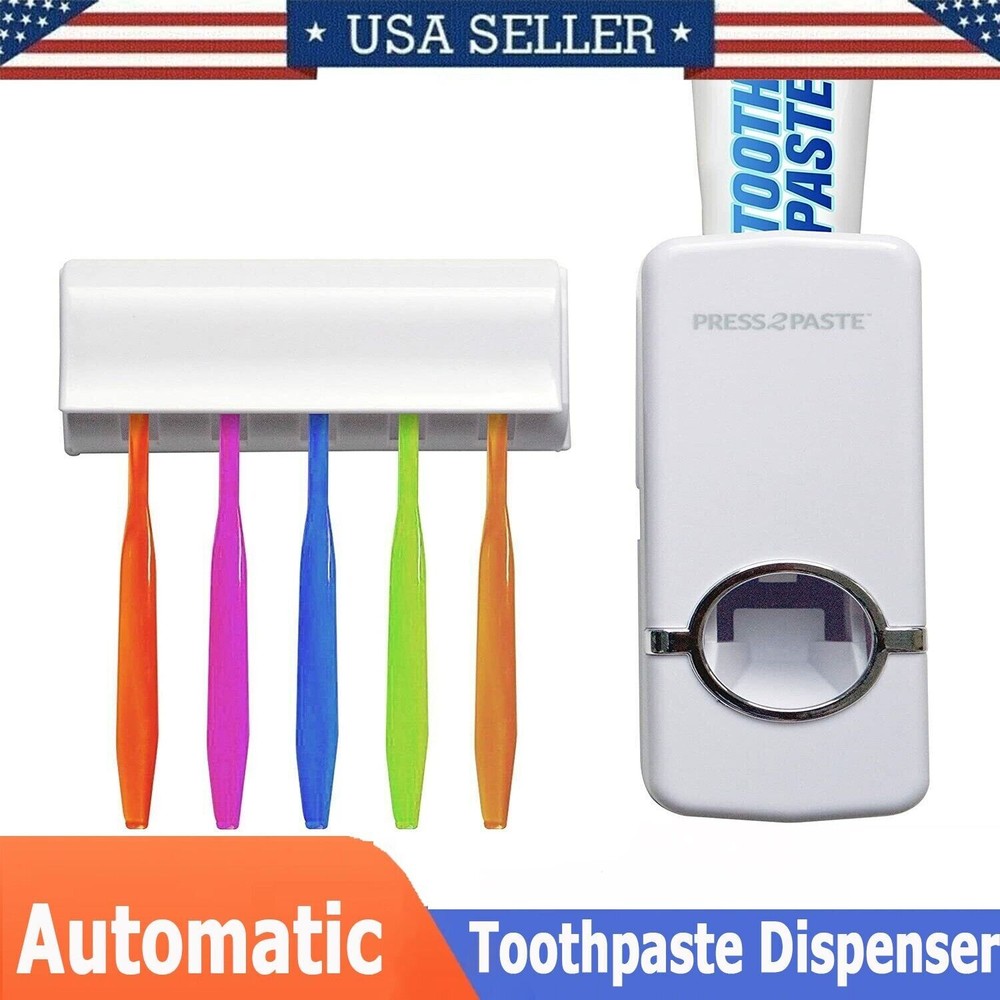 Automatic Toothpaste Dispenser and 5 Toothbrush Holder Set Wall Mount Stand