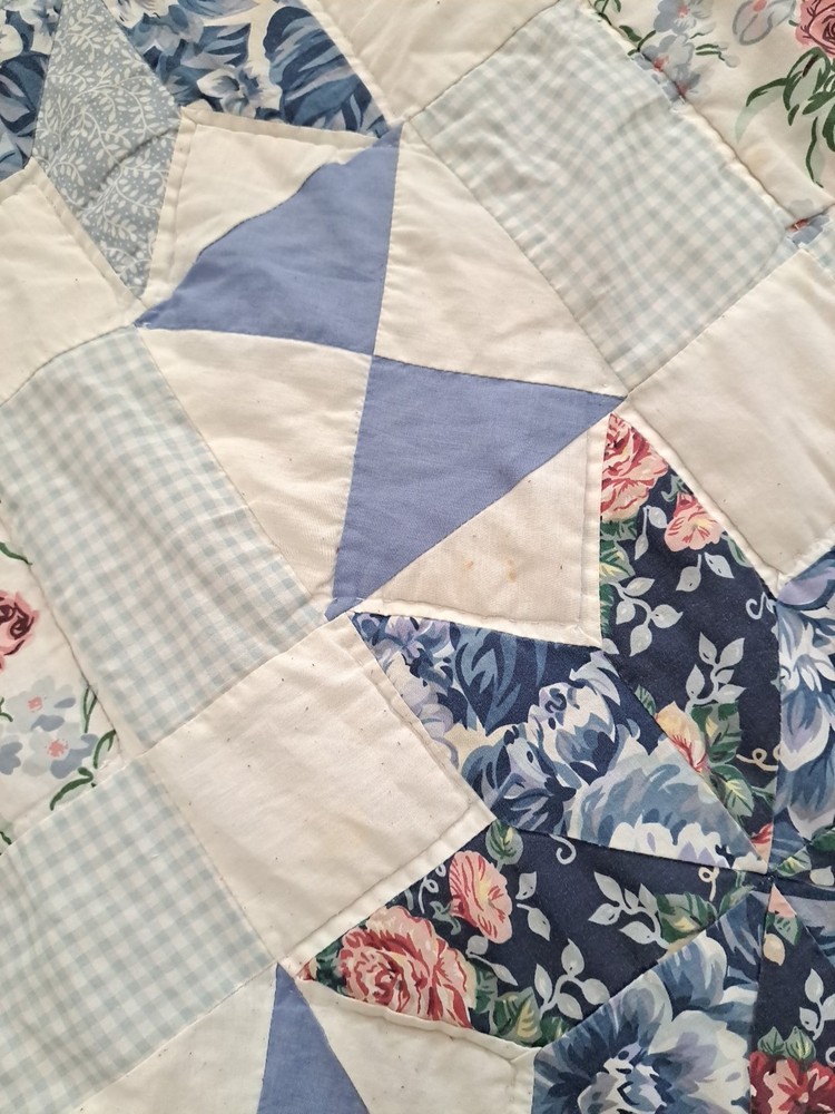 Handmade Star & Floral Pattern Blue Patchwork Quilt