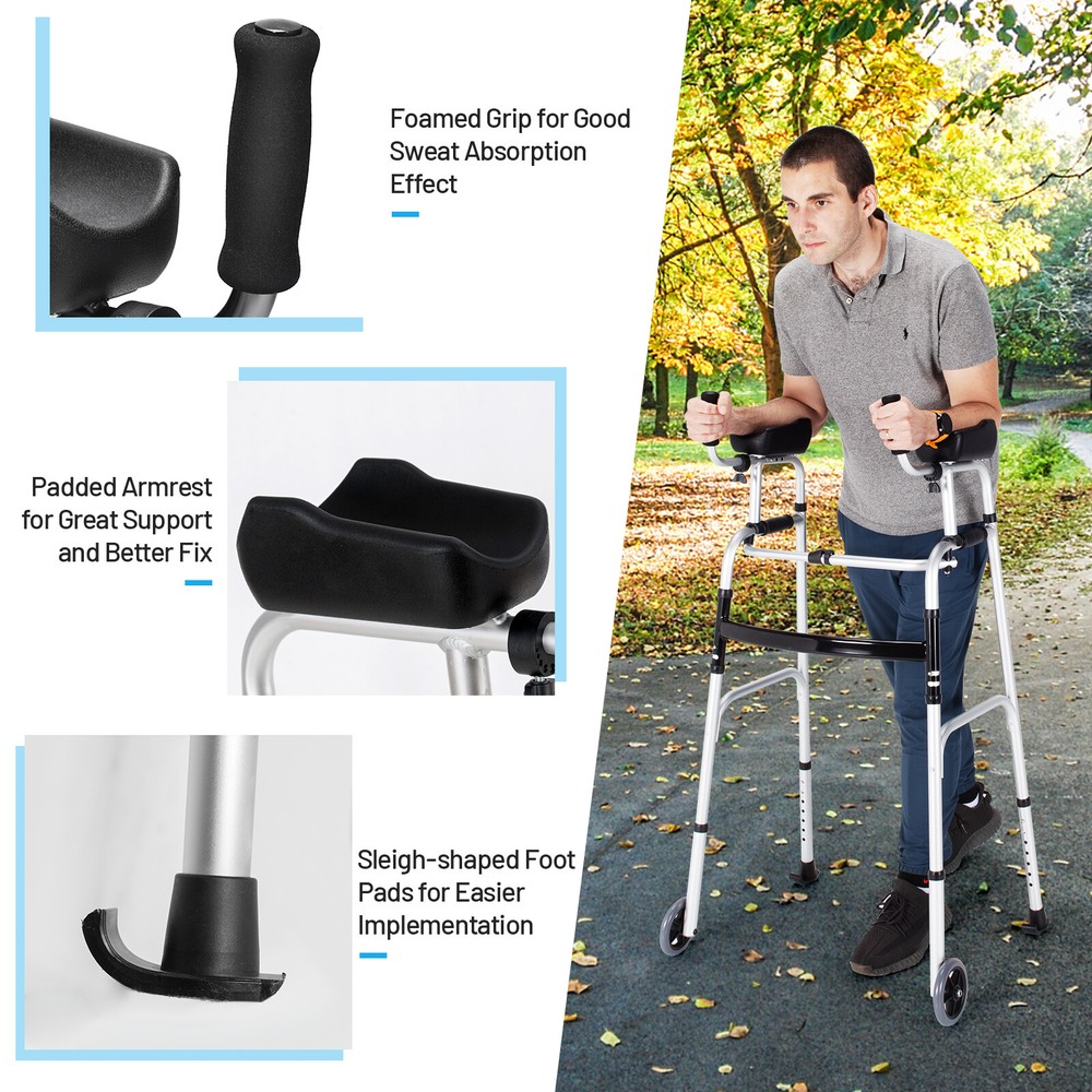 Folding Aluminum Alloy Wheel Walking Frame Adjustable Walker W/Armrest Support