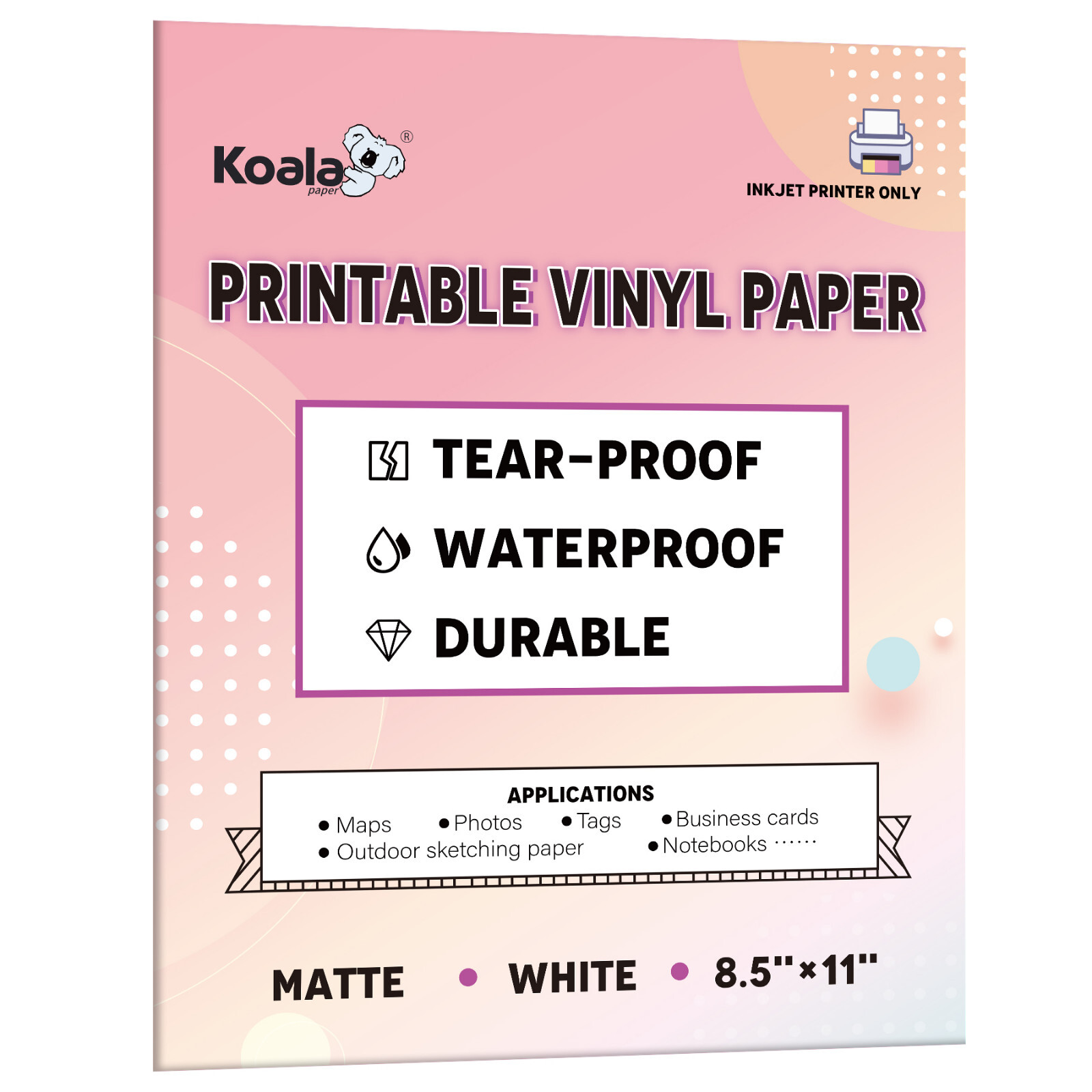 Koala Waterproof Printer Paper 8.5x11 Matte White Inkjet Printable Vinyl Sheets
