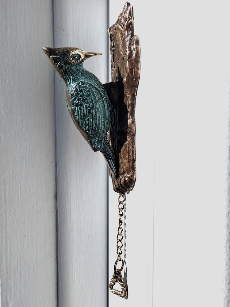 🚪✊VINTAGE SOLID BRASS bird DOOR KNOCKER PULL CHAIN sparrow WOODPECKER bell ring