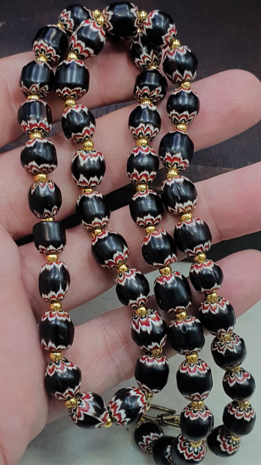 Vintage Venetian Style beads Old African black Glass Chevron Beads Long Strand