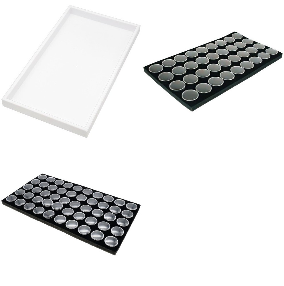 4 White Plastic Stackable Jewelry Display Trays w/ Black 36 & 50 Gem Jar Inserts