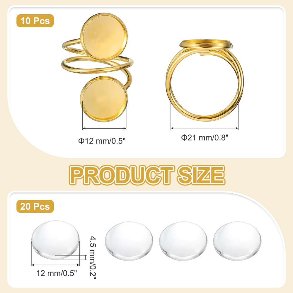 10Pcs Ring Base Blank, 12mm Ring Blank Base with 20Pcs Cabochon(Light Bronze)
