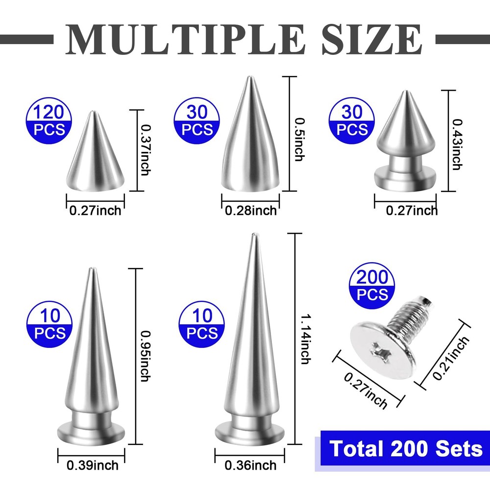 200 Sets Cone Spikes Silver Screwback Studs Rivets Leather Craft DIY