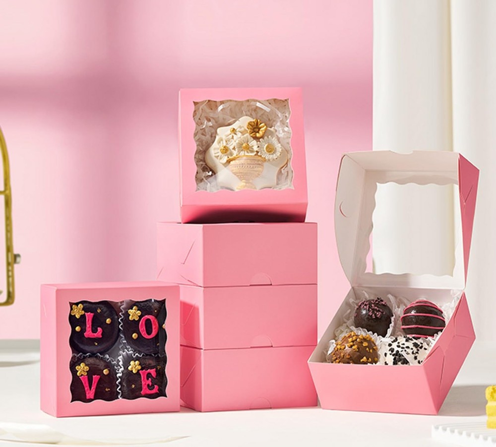 90 Pack 4x4x2 Inches Pink Bakery Boxes (Clear Window) – Ideal for Packaging M...