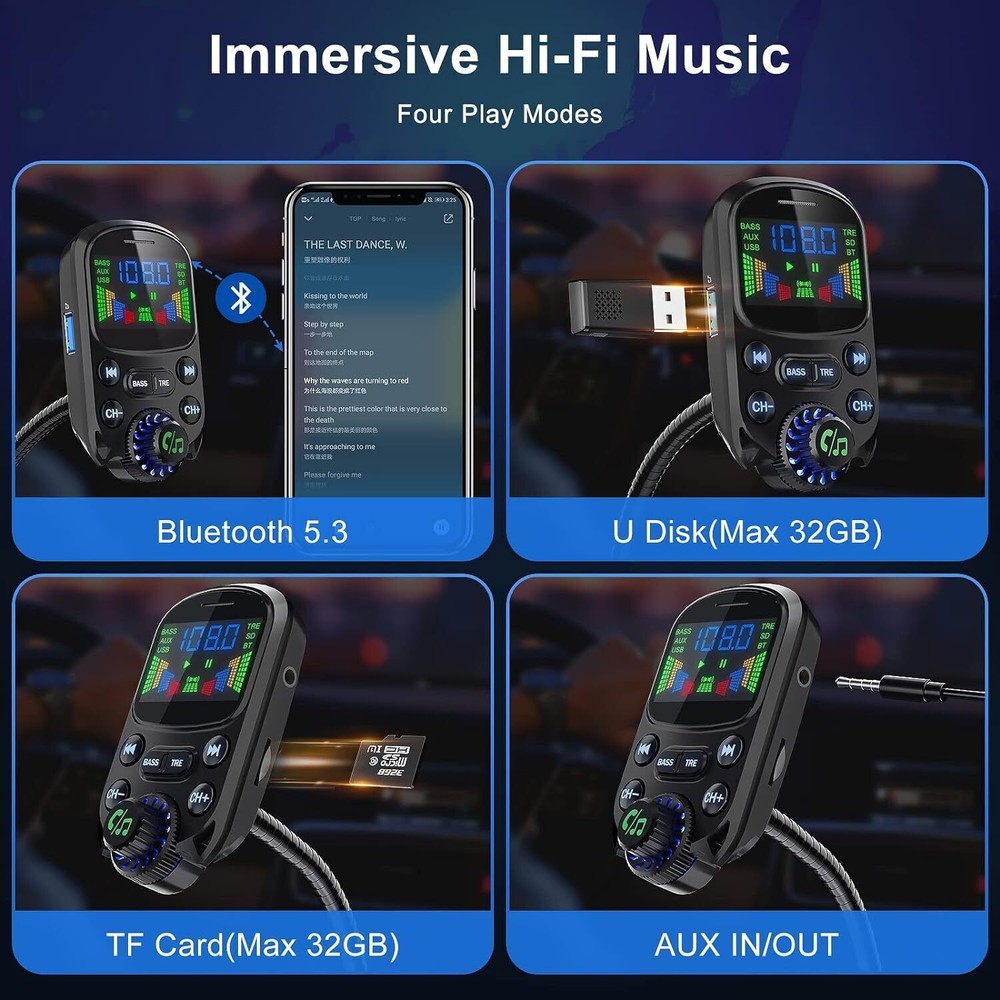 2X Bluetooth 5.3 Car FM Transmitter MP3 Player Hands free USB PD Fast Charger US