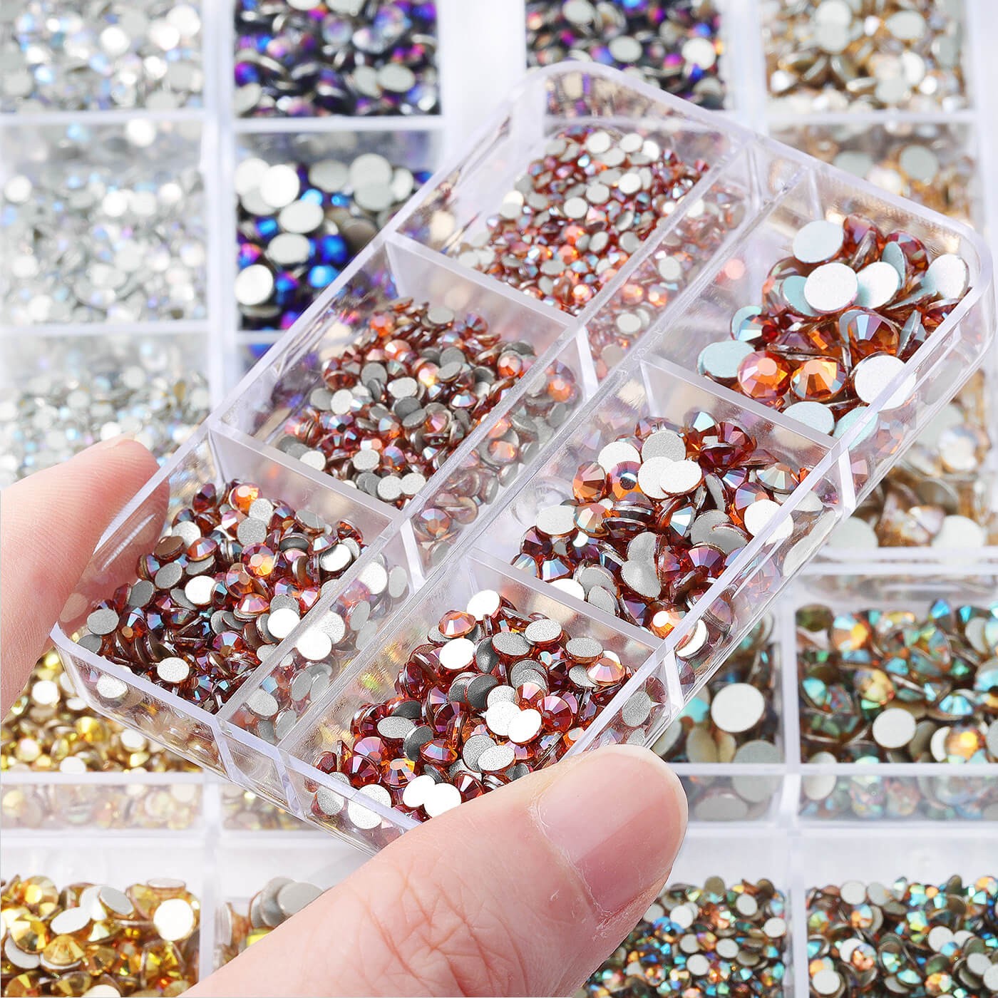 1 Box of 2000pcs Flatback Glass Rhinestones in 6 Sizes for Nail Art & Crafting