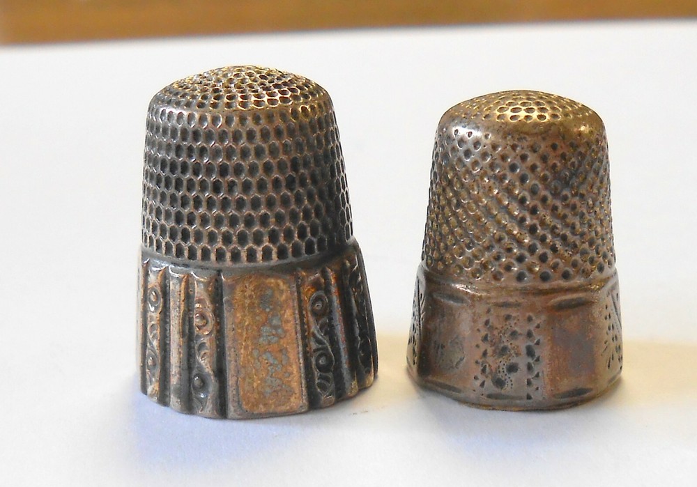 2 Antique Sterling Silver Sewing Thimbles # 10 & # 7 Etched