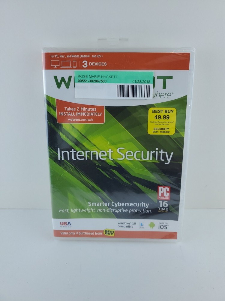 Webroot Secure Anywhere Internet Security 3 Devices for PC/MAC/Mobile NEW/SEALED