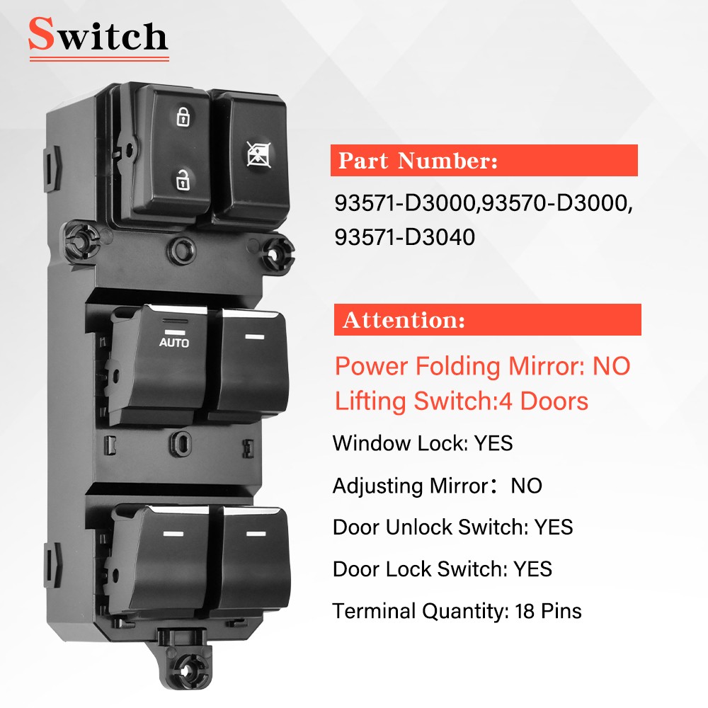 Master Power Window Control Switch Left Driver Side For 2016-2018 Hyundai Tucson