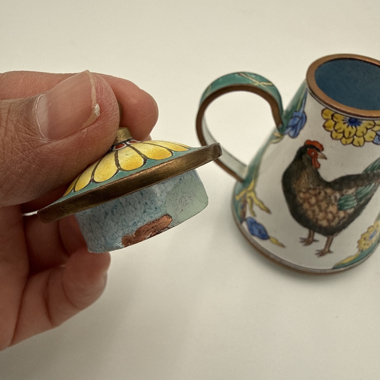 KELVIN CHEN Miniature Teapot 2000 Enameled Copper Rooster Chicken Florals #1852