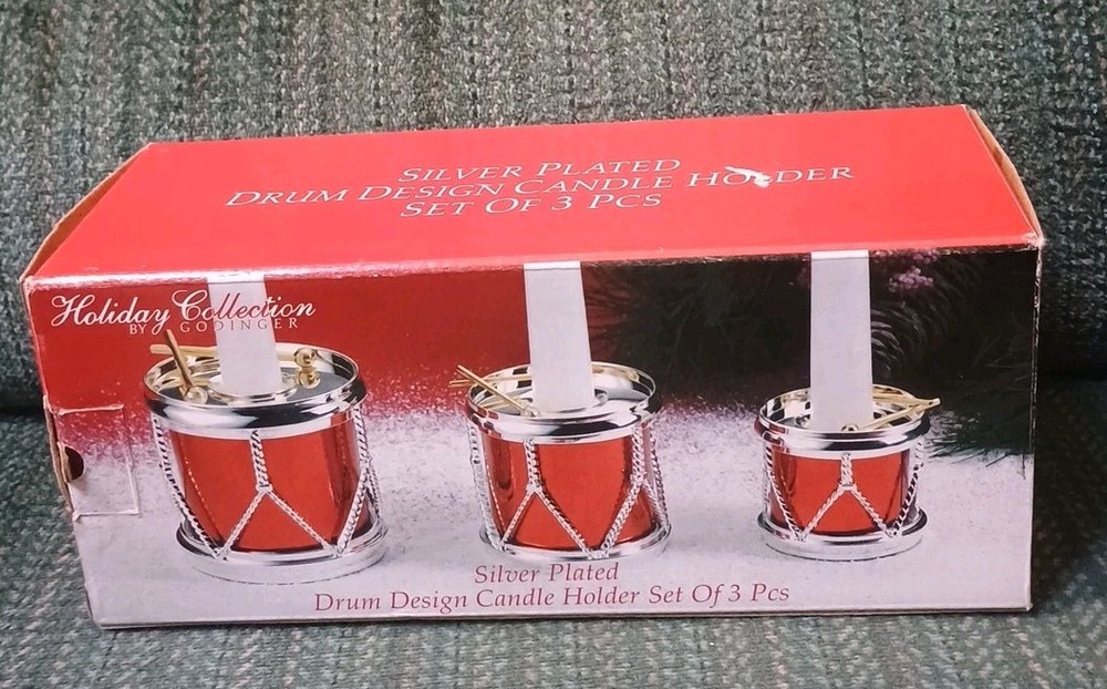 Holiday Collections Silver Plated Drum Candle Holders by Godinger (NOB)