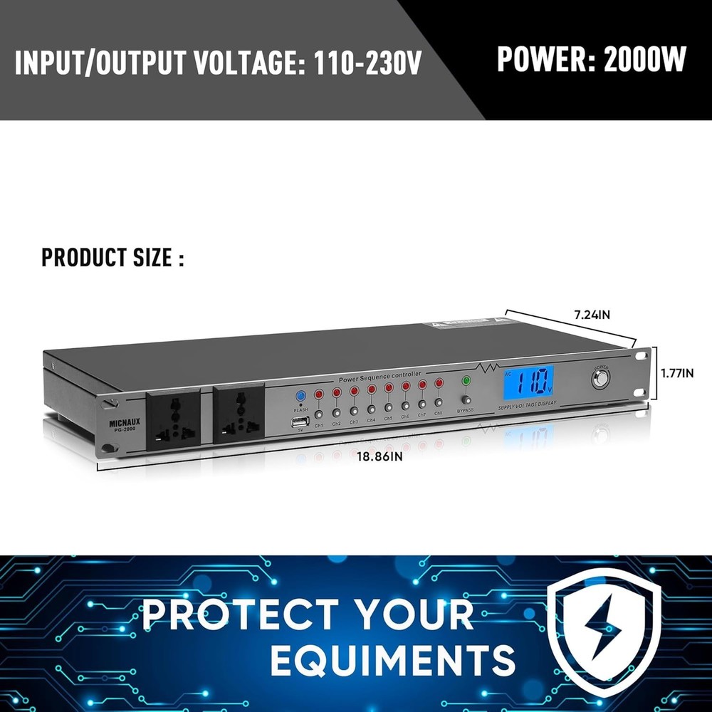 Rack Mount Sequencer Surge Protector 2000W 10 Outlets--