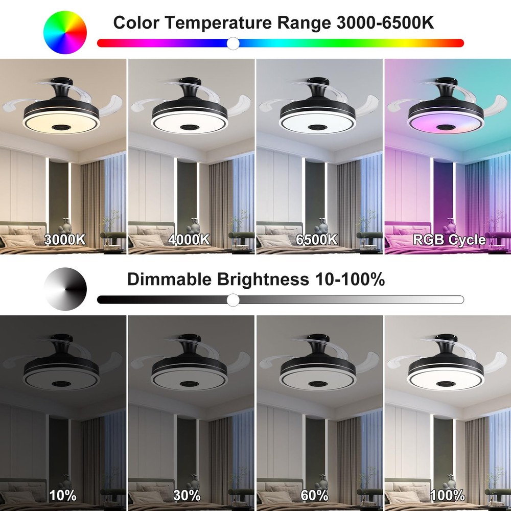 42'' Retractable Ceiling Fan with Lights, Smart Ceiling Fan Light with Blueto...
