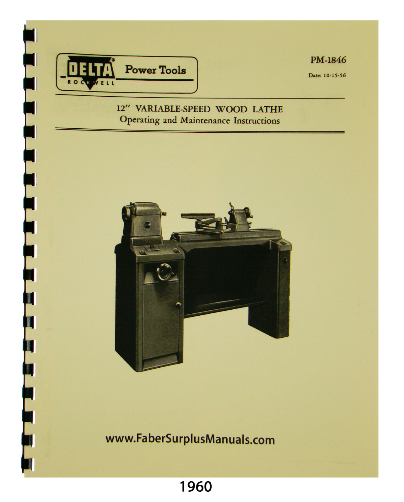 Delta 12" Variable Speed Wood Lathe Operating, Maint & Parts List Manual #1960