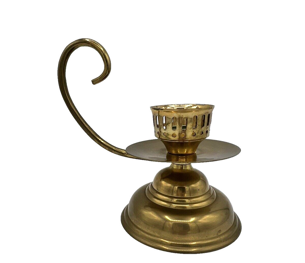 Chamber Candlestick Holder with Scroll Swirl Handle Large Solid Brass India GUC