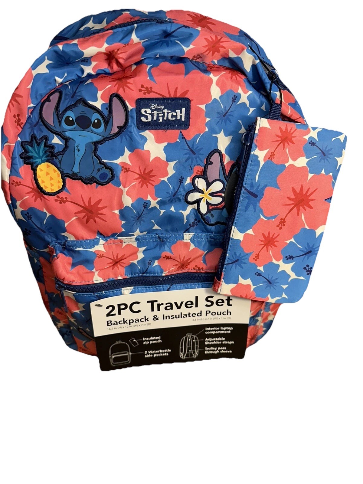 NEW Disney Stitch 2 Pc Travel Set Backpack + Insulated Pouch • Hibiscus AOP