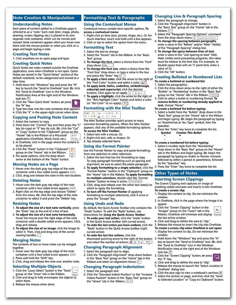 OneNote 2013 Training Guide Quick Reference Card 4 Page Cheat Sheet Instruction