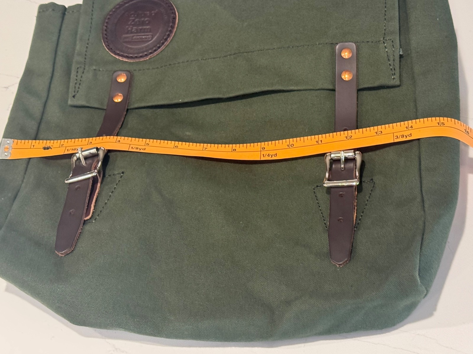 DULUTH PACK JUNIPER GREEN CANVAS & BROWN LEATHER SCOUT BACKPACK 16"X14" LOGO