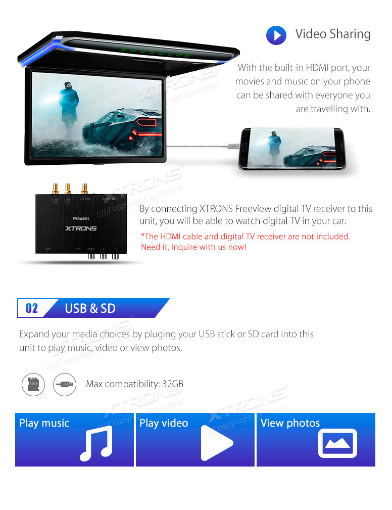 17.3" HDMI Car Roof Overhead Flip Down Monitor Full HD 1080P + Miracast Dongle