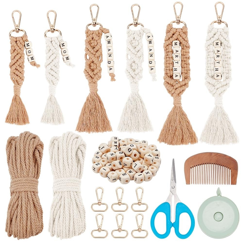 6 Sets DIY Macrame Keychain Kit for Beginner Boho Macrame Starter Keychain Ki...
