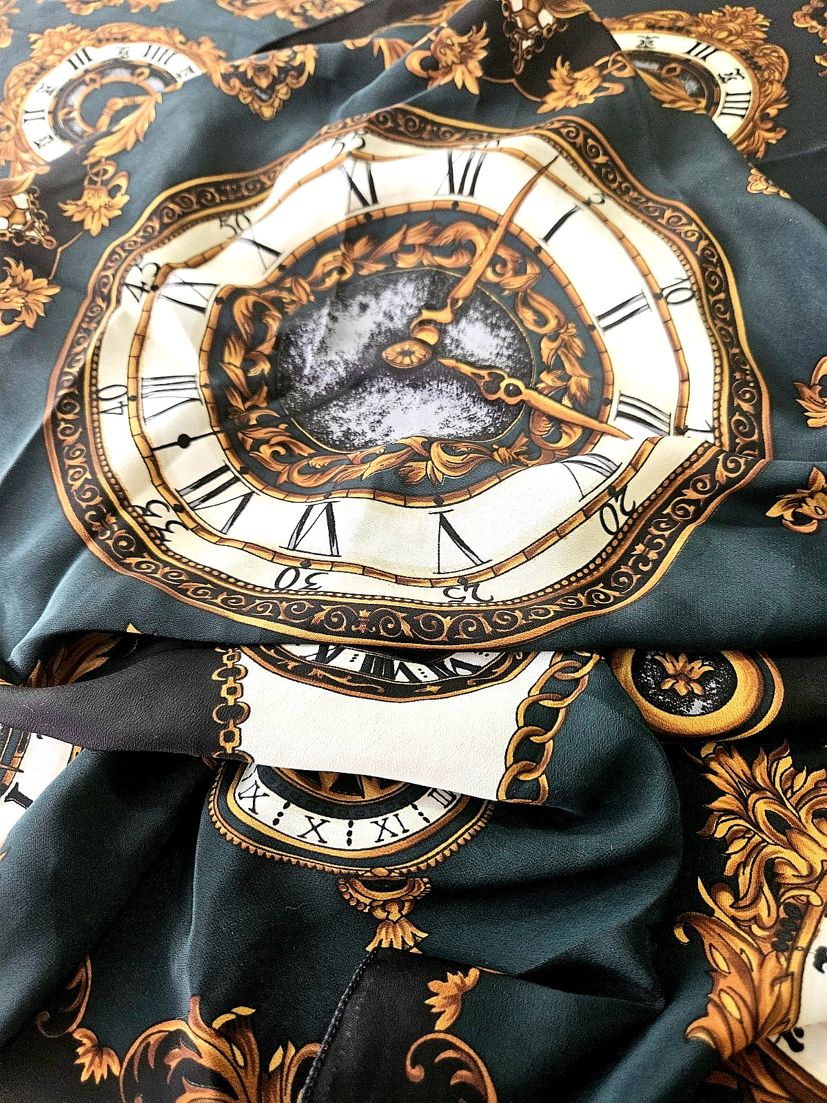 Vtg Peacock Trading Co Scarf 36" Sq Deep Green Gold W Clocks KOREA Silky Soft