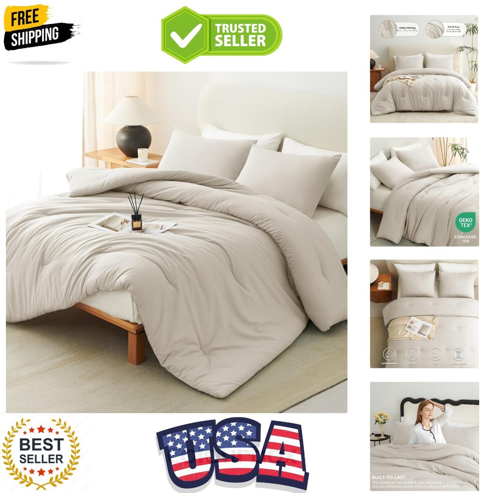 Beige Queen Comforter Set, 3 Pieces Boho Solid Breathable Quilted Style Beddi...