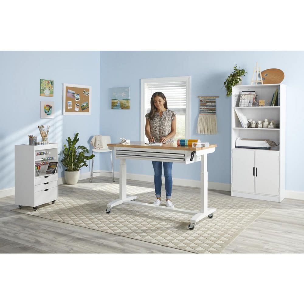 Workbench Table 52 W x 24 Steel 2-Drawer Adjustable Height Solid Wood Top White