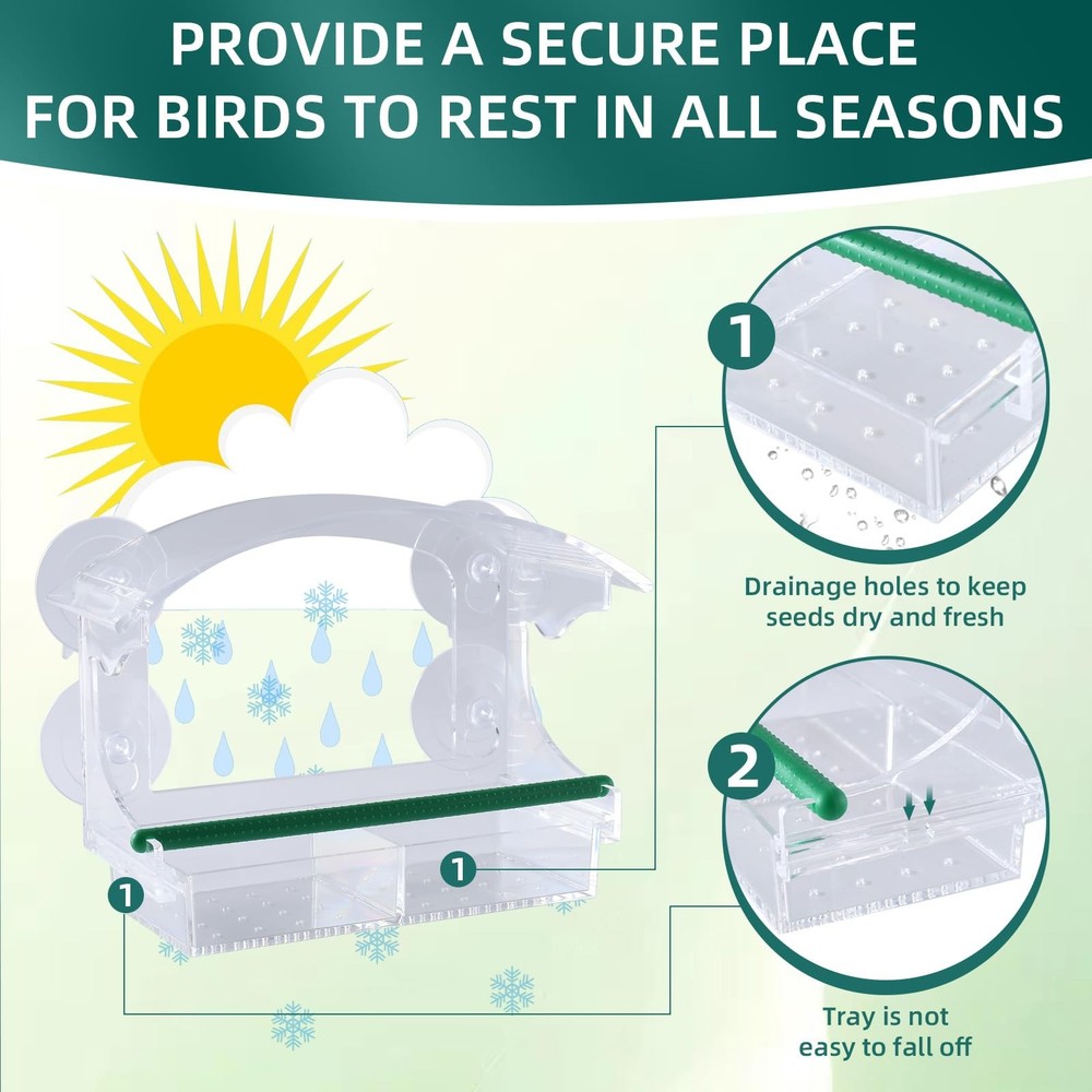 Window Bird Feeder with 4 Strong Suction Cups, Feeder, Clean