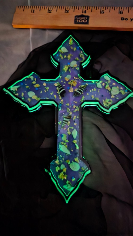 Handmade Cross Wall Decor 9x6+ GITD Goldflake & Seashells Authentic Gift W/Drape