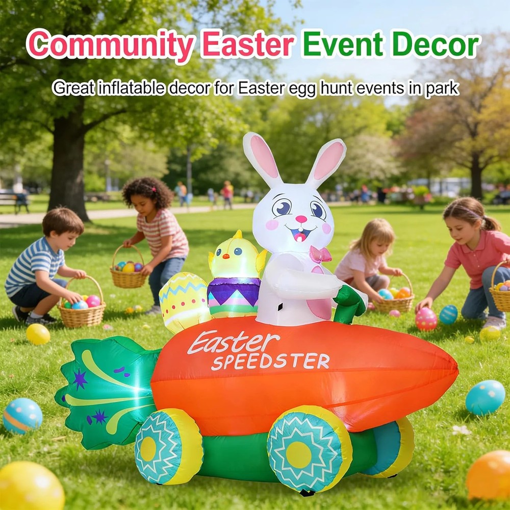 Easter Inflatable Bunny with Carrot Car and Easter Eggs, 6FT Easter Inflatables