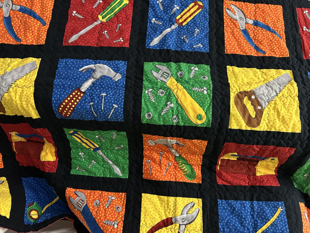 Project Linus Handmade Patchwork Tool Theme Quilt/Blanket 54 1/2"x40 1/2" Signed