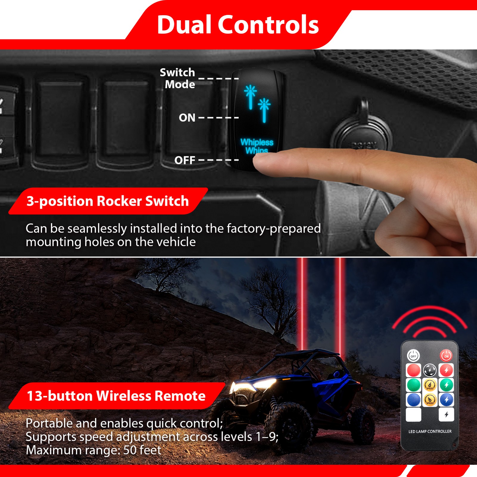 Laser Whip Lights Whipless LED 2PCS for Polaris RZR/Maverick X3/Zforce ATV UTV