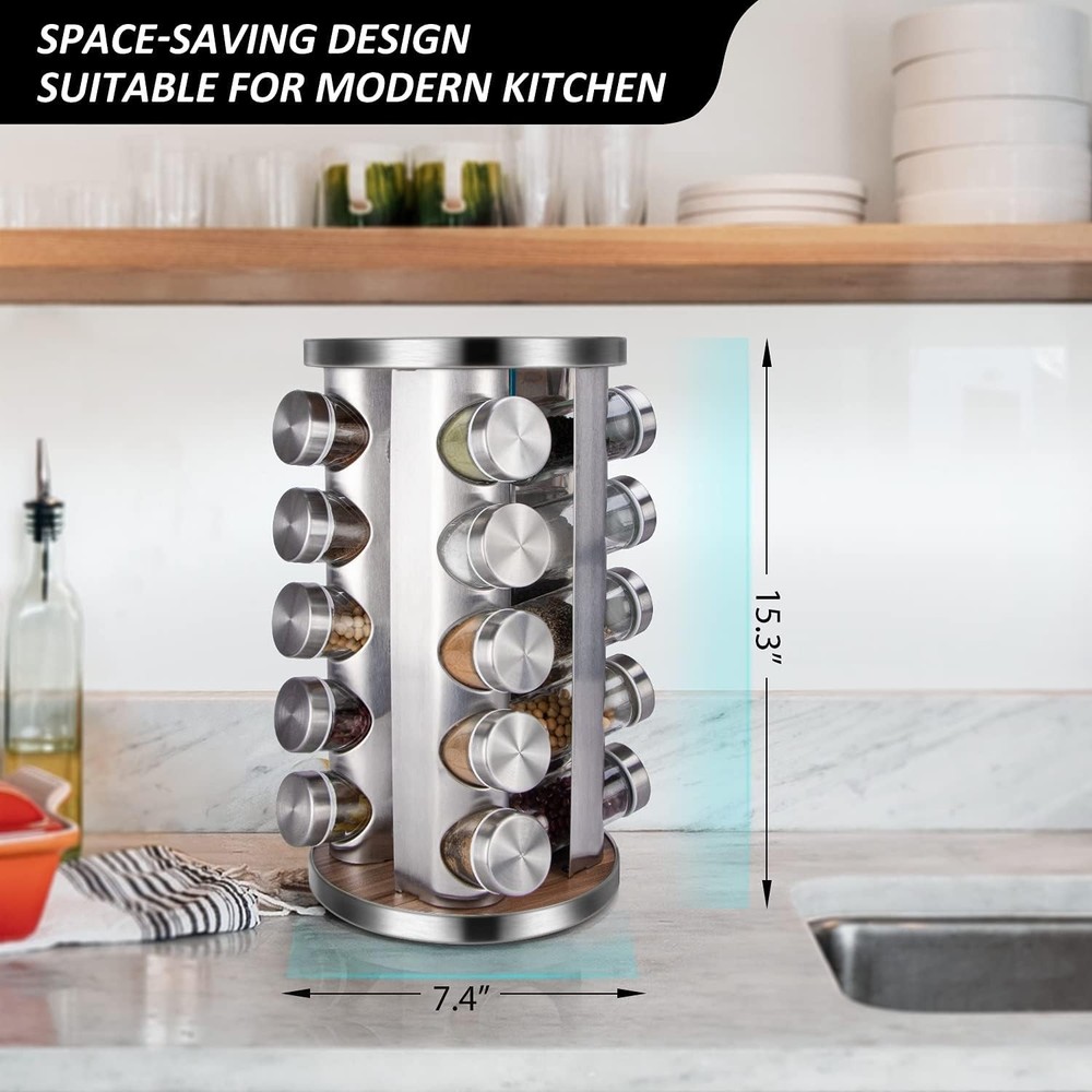 Compact Kitchen Spice Rack Organizer with 20 Glass Jars for Effortless Access
