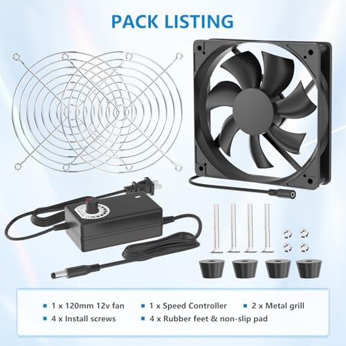 IP67 Waterproof Small 12V Variable Speed Computer Fan with AC Plug, 110V 120V