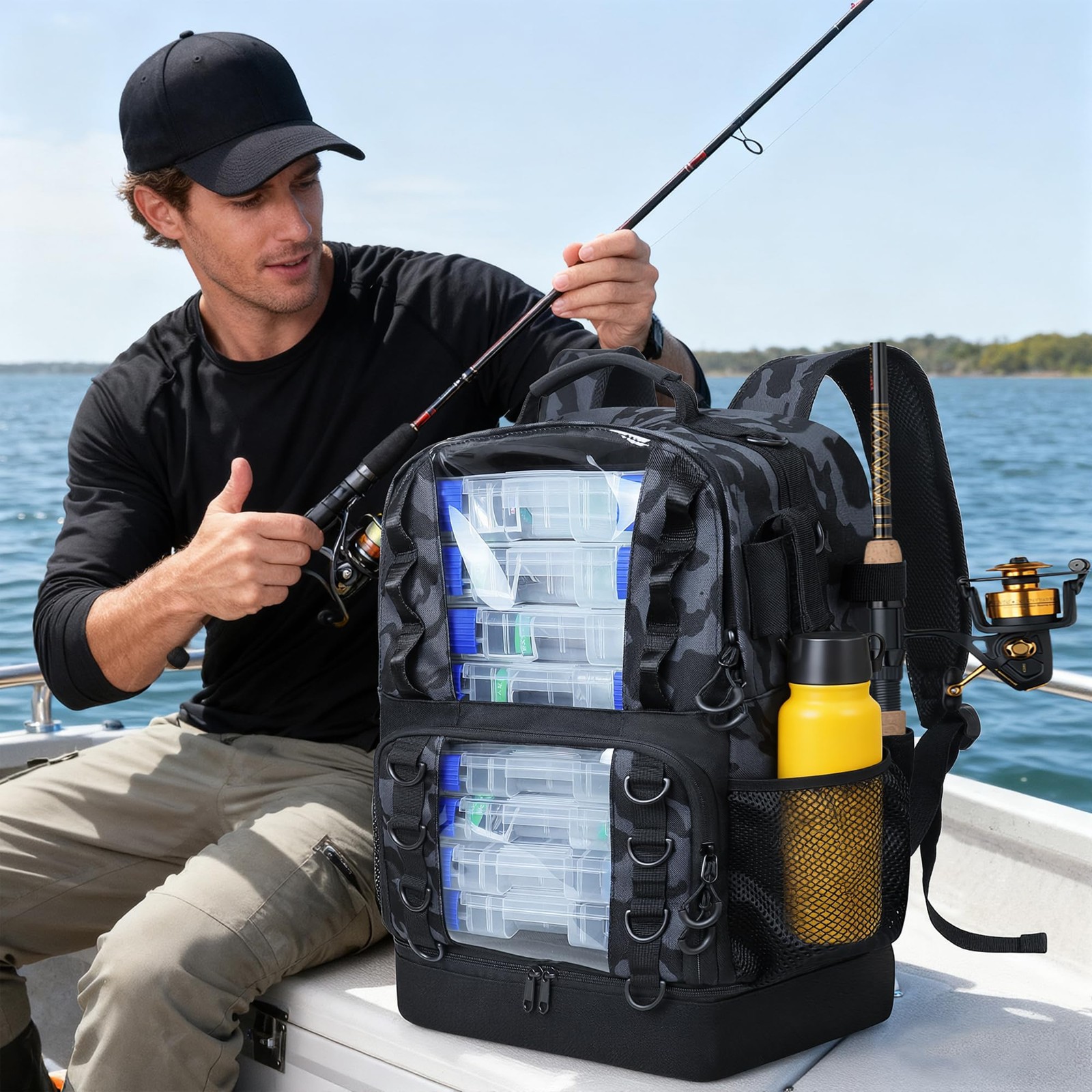 Fishing Tackle Backpack with Cooler,45L Large Tackle Bag with 2 Rod Holders &...