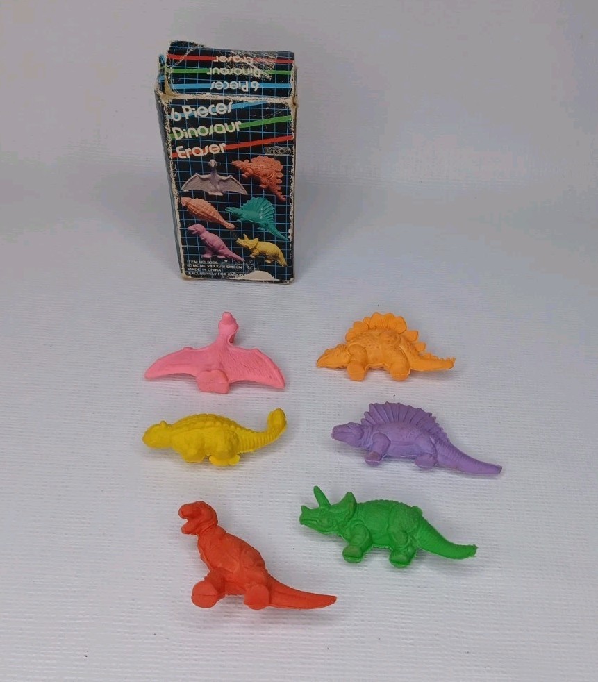 Rubber Dinosaur Eraser Set 6 Pieces Erasers With Box Vintage 1978 Emson