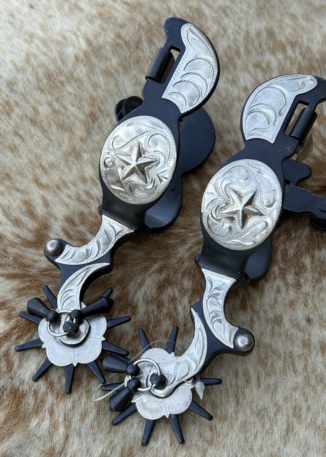 Men’s Size Black Steel Jingle Bob Spurs Engraved Silver PAIR Oversized Rowels