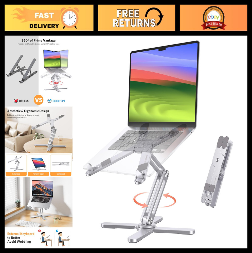 360° Rotating Laptop Stand Riser - Ergonomic, Adjustable Height, Foldable, Fits