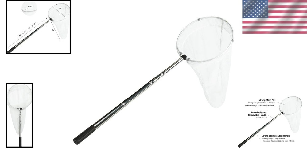 Lightweight 12" Butterfly Net with 24" Net Depth & Adjustable Handle Extends 59"