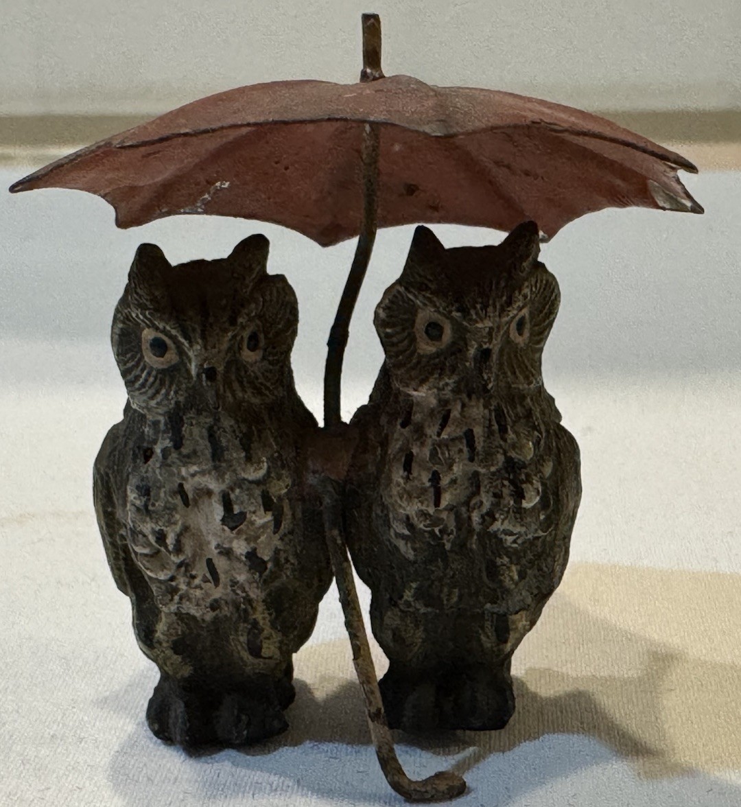 Antique Austrian Bronze Pair of Owls with Red Umbrella- Hand Painted 2in