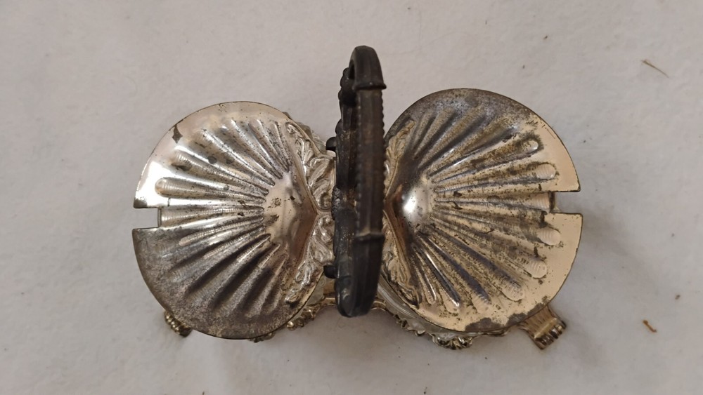 Vtg Silver Plate & Glass Lidded Shell Condiment Container Worn