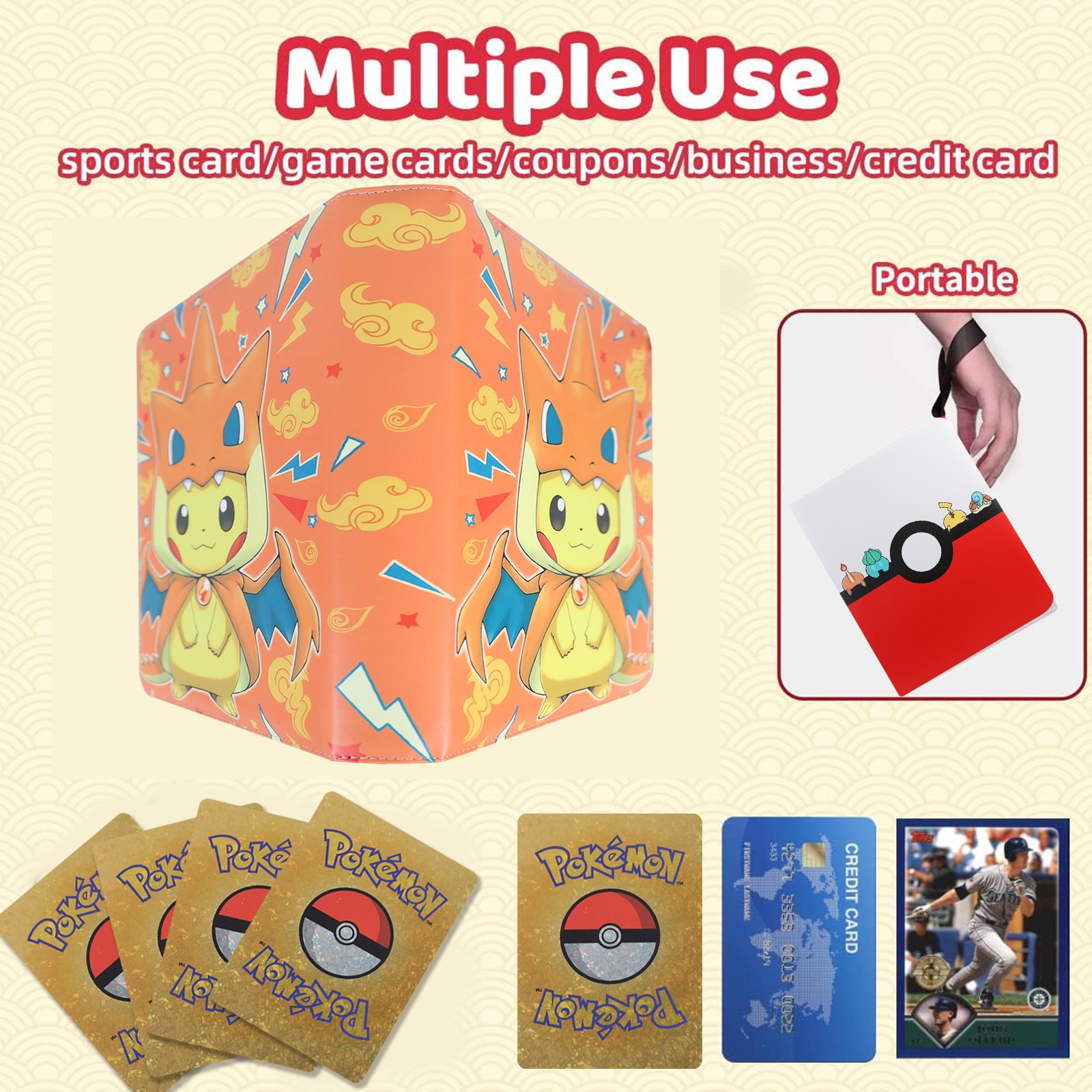 900 Cards Pocket Binder 9 Pocket Game Sport Trading Cards Album Folder - Pikachu