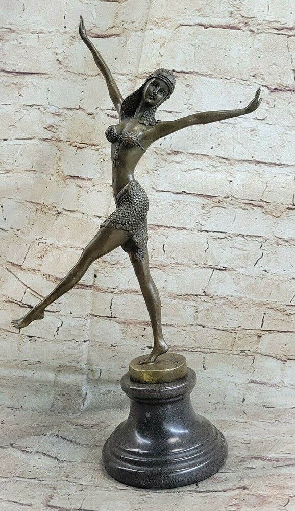SIGNED NUDE DANCER SOLID BRONZE SCULPTURE STATUE FIGURINE FIGURE MARBLE ARTWORK