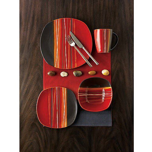 Bazaar 16-Piece Dinnerware Set Red Home Kitchen Plate Dine Serveware Stoneware