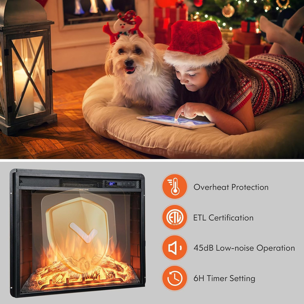 26" Electric Fireplace with Remote Control, Adjustable Flames & Timer