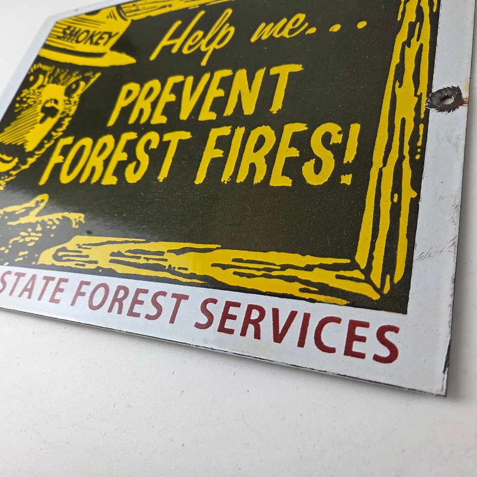 Vintage USA Forest Service Sign - Smokey the Bear Hiking Gas Porcelain Sign
